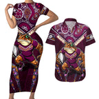 Personalised Queensland Maroons Couples Matching Short Sleeve Bodycon Dress and Hawaiian Shirt Mascot Rugby League