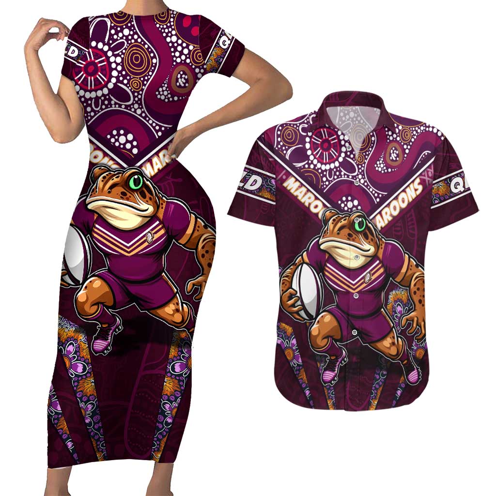 Personalised Queensland Maroons Couples Matching Short Sleeve Bodycon Dress and Hawaiian Shirt Mascot Rugby League
