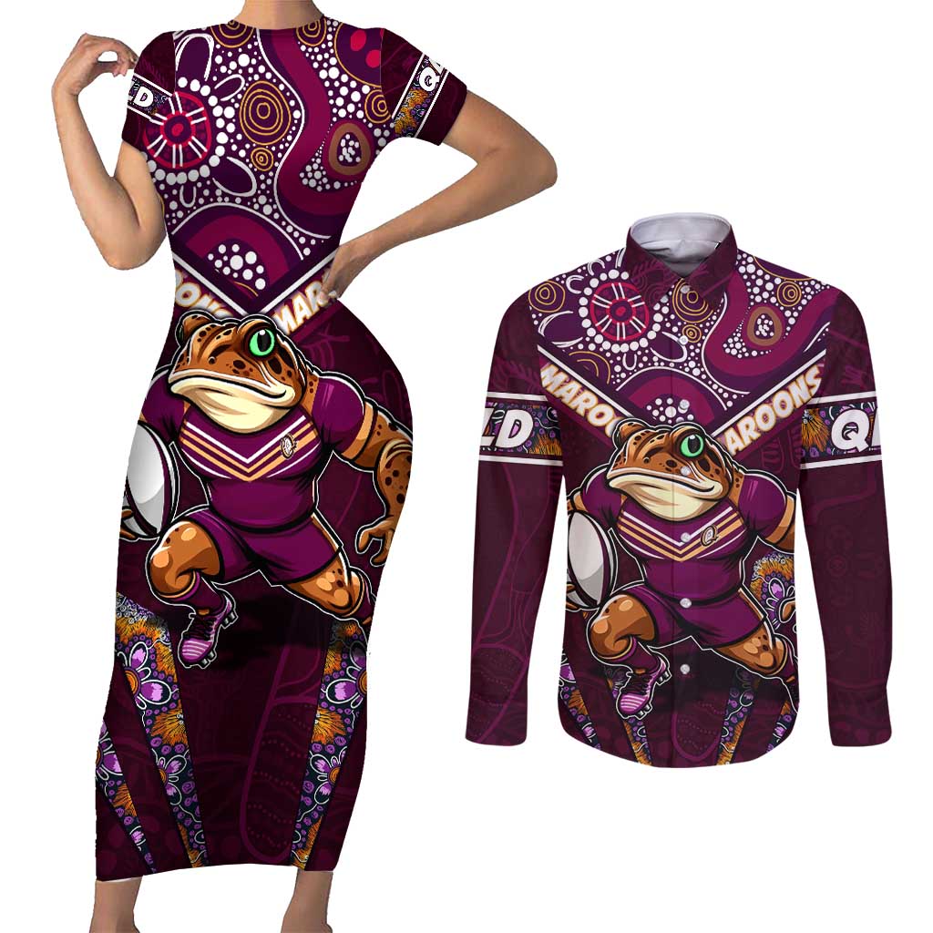 Personalised Queensland Maroons Couples Matching Short Sleeve Bodycon Dress and Long Sleeve Button Shirt Mascot Rugby League