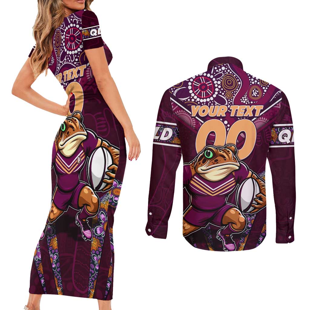 Personalised Queensland Maroons Couples Matching Short Sleeve Bodycon Dress and Long Sleeve Button Shirt Mascot Rugby League