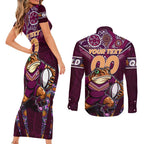 Personalised Queensland Maroons Couples Matching Short Sleeve Bodycon Dress and Long Sleeve Button Shirt Mascot Rugby League