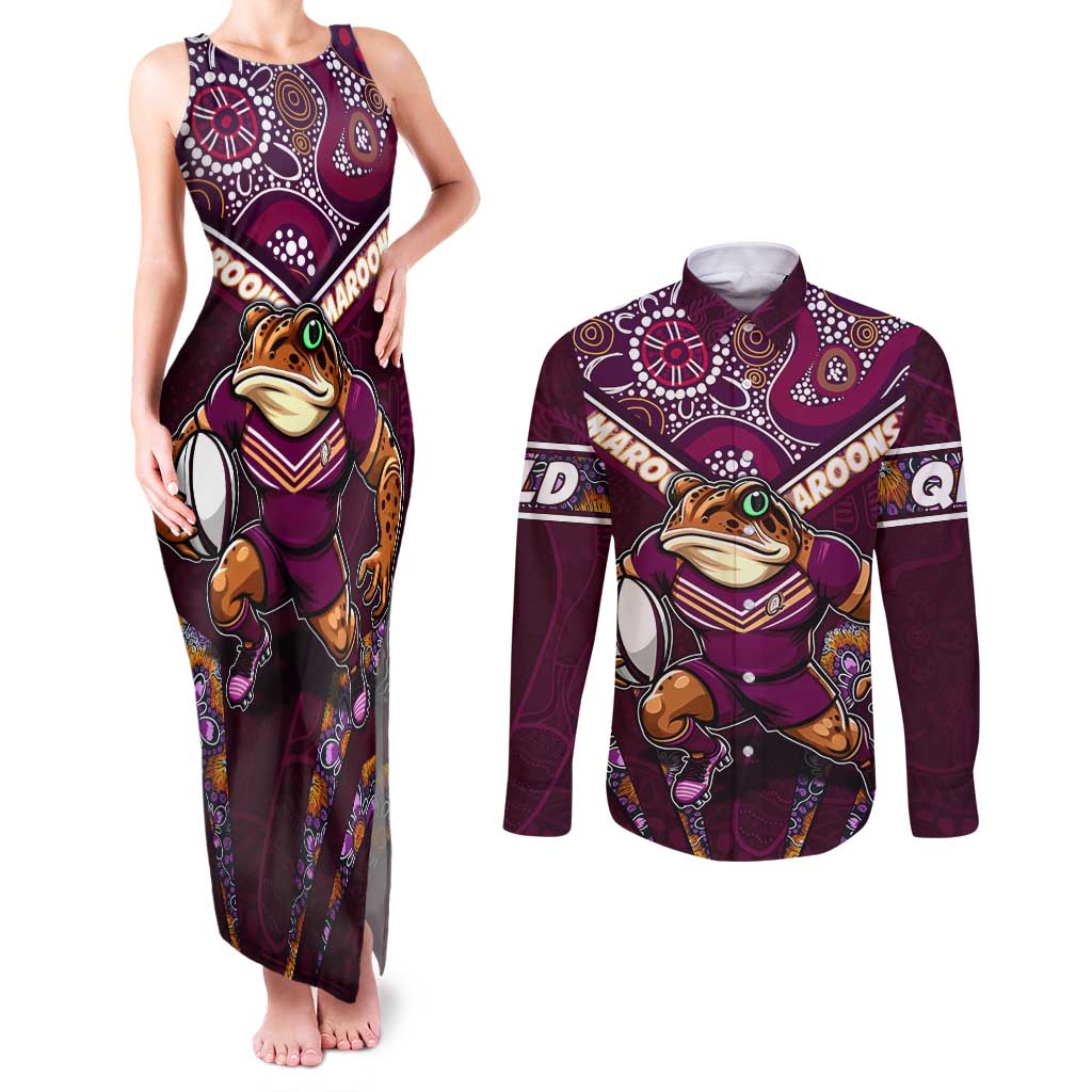 Personalised Queensland Maroons Couples Matching Tank Maxi Dress and Long Sleeve Button Shirt Mascot Rugby League
