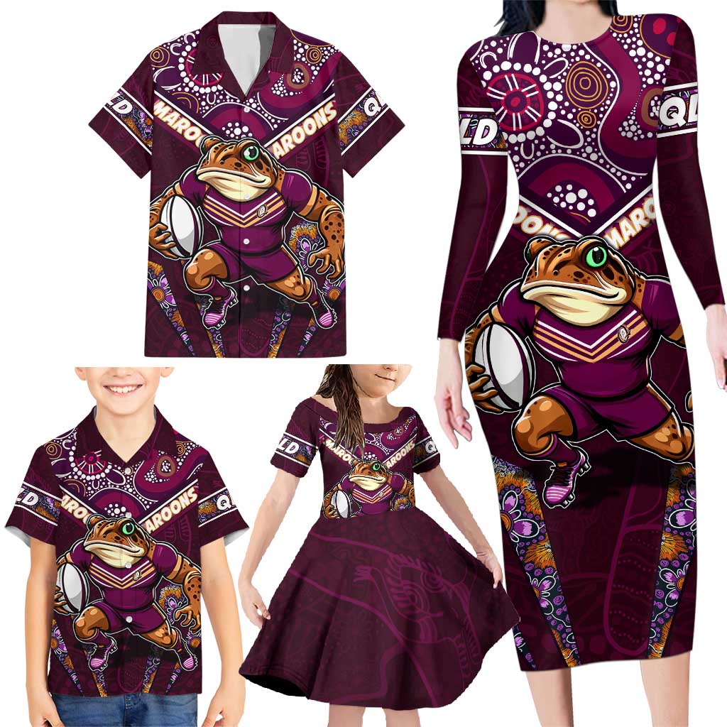 Personalised Queensland Maroons Family Matching Long Sleeve Bodycon Dress and Hawaiian Shirt Mascot Rugby League