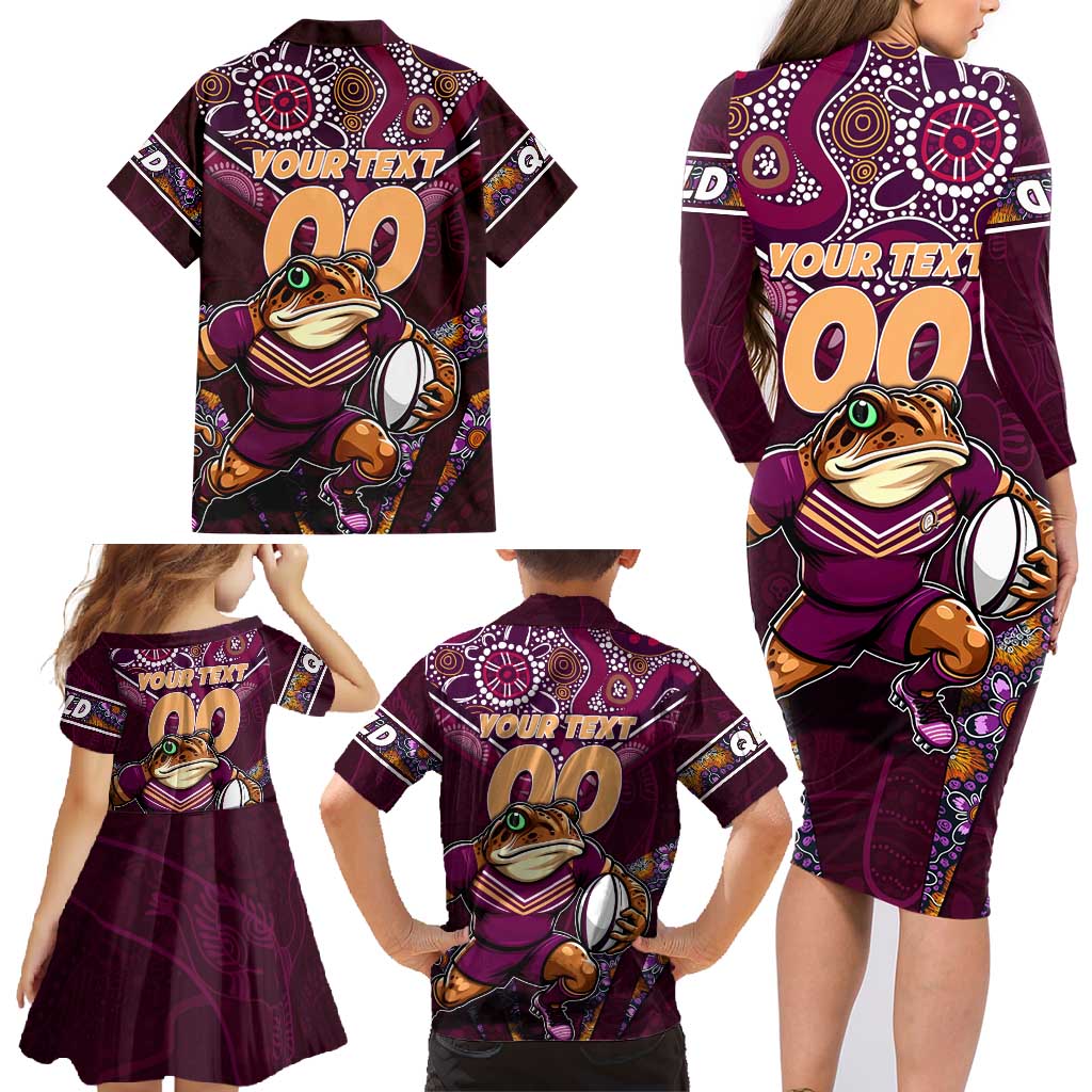 Personalised Queensland Maroons Family Matching Long Sleeve Bodycon Dress and Hawaiian Shirt Mascot Rugby League