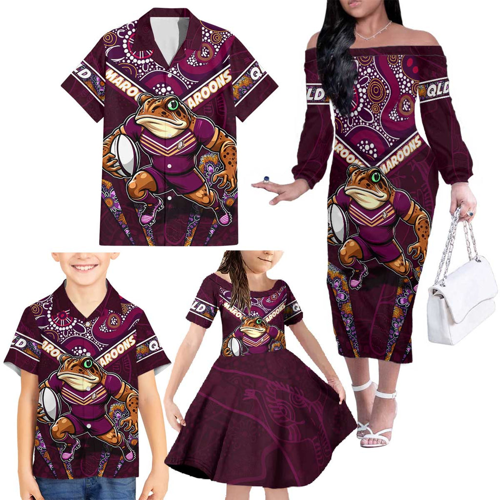 Personalised Queensland Maroons Family Matching Off The Shoulder Long Sleeve Dress and Hawaiian Shirt Mascot Rugby League