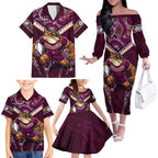 Personalised Queensland Maroons Family Matching Off The Shoulder Long Sleeve Dress and Hawaiian Shirt Mascot Rugby League
