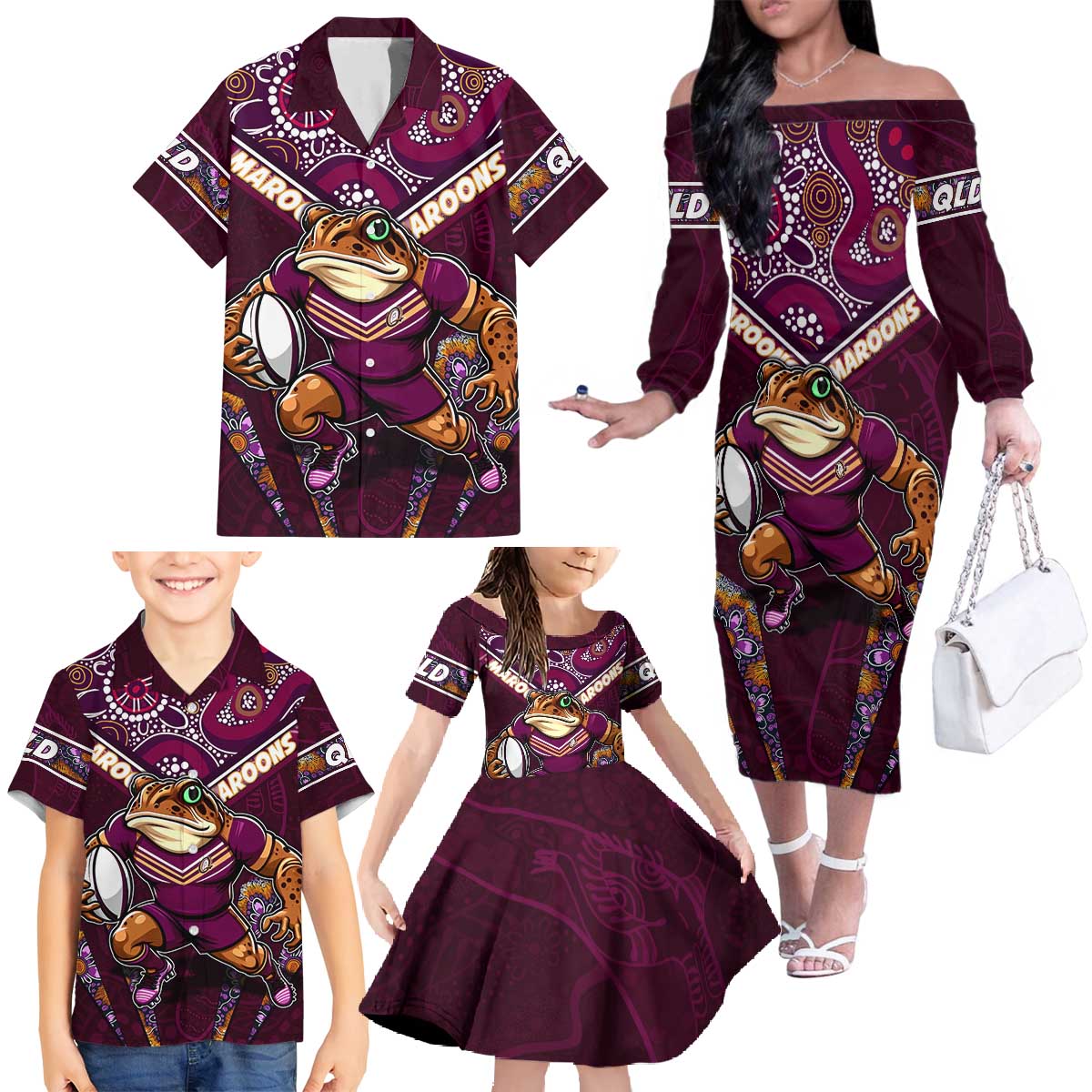 Personalised Queensland Maroons Family Matching Off The Shoulder Long Sleeve Dress and Hawaiian Shirt Mascot Rugby League