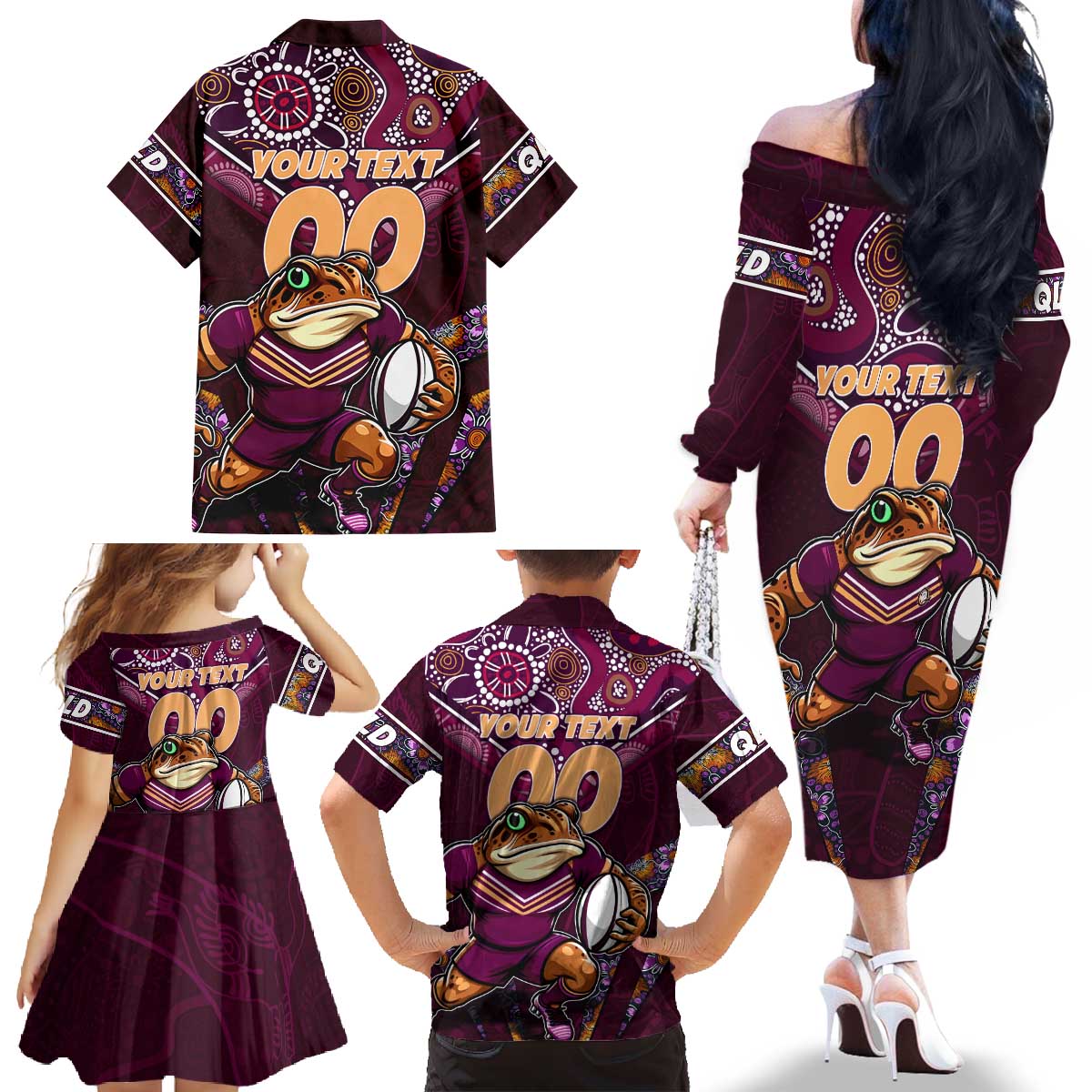 Personalised Queensland Maroons Family Matching Off The Shoulder Long Sleeve Dress and Hawaiian Shirt Mascot Rugby League