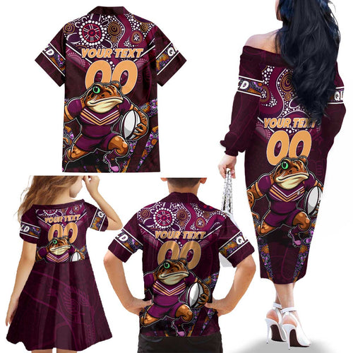 Personalised Queensland Maroons Family Matching Off The Shoulder Long Sleeve Dress and Hawaiian Shirt Mascot Rugby League