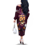 Personalised Queensland Maroons Family Matching Off The Shoulder Long Sleeve Dress and Hawaiian Shirt Mascot Rugby League
