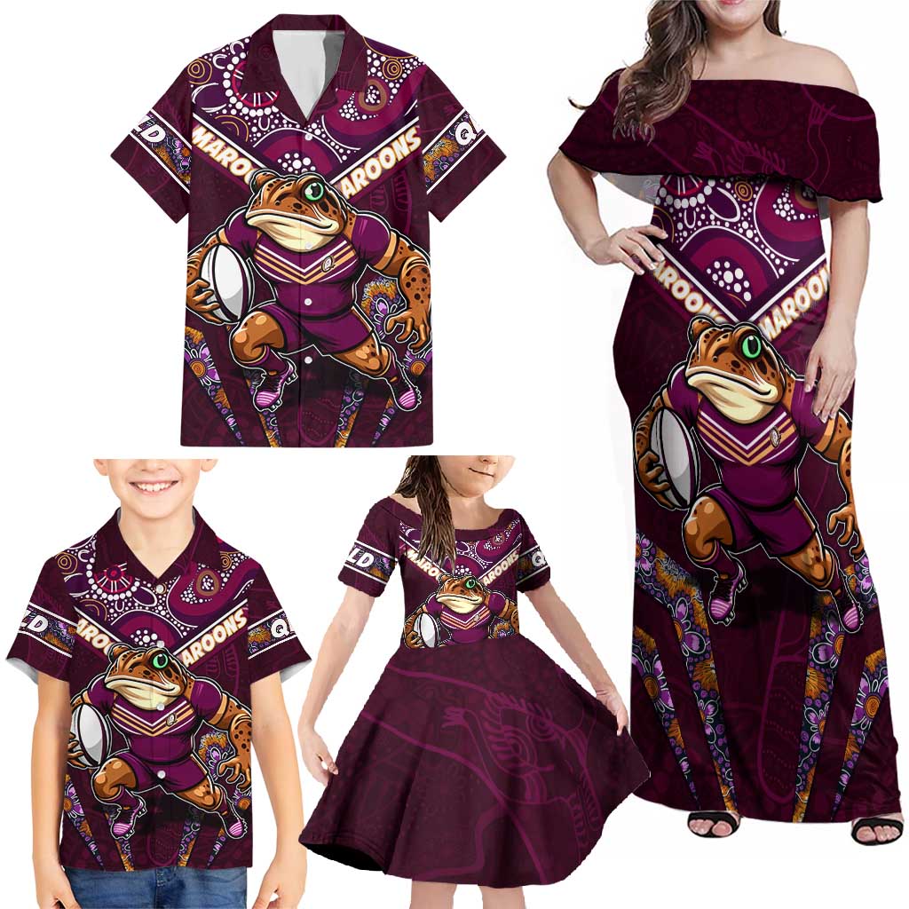 Personalised Queensland Maroons Family Matching Off Shoulder Maxi Dress and Hawaiian Shirt Mascot Rugby League