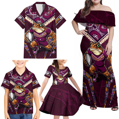 Personalised Queensland Maroons Family Matching Off Shoulder Maxi Dress and Hawaiian Shirt Mascot Rugby League