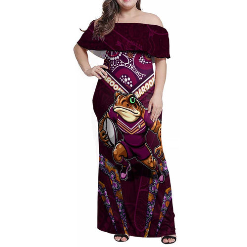 Personalised Queensland Maroons Family Matching Off Shoulder Maxi Dress and Hawaiian Shirt Mascot Rugby League