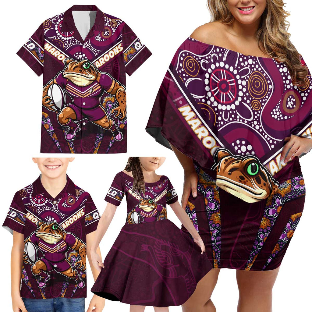 Personalised Queensland Maroons Family Matching Off Shoulder Short Dress and Hawaiian Shirt Mascot Rugby League