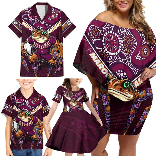 Personalised Queensland Maroons Family Matching Off Shoulder Short Dress and Hawaiian Shirt Mascot Rugby League