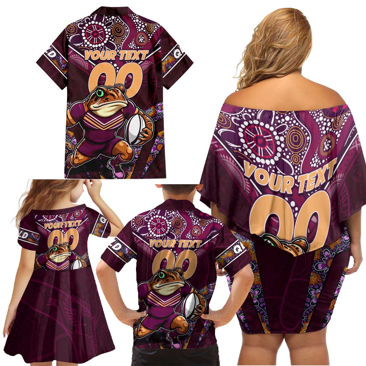 Personalised Queensland Maroons Family Matching Off Shoulder Short Dress and Hawaiian Shirt Mascot Rugby League