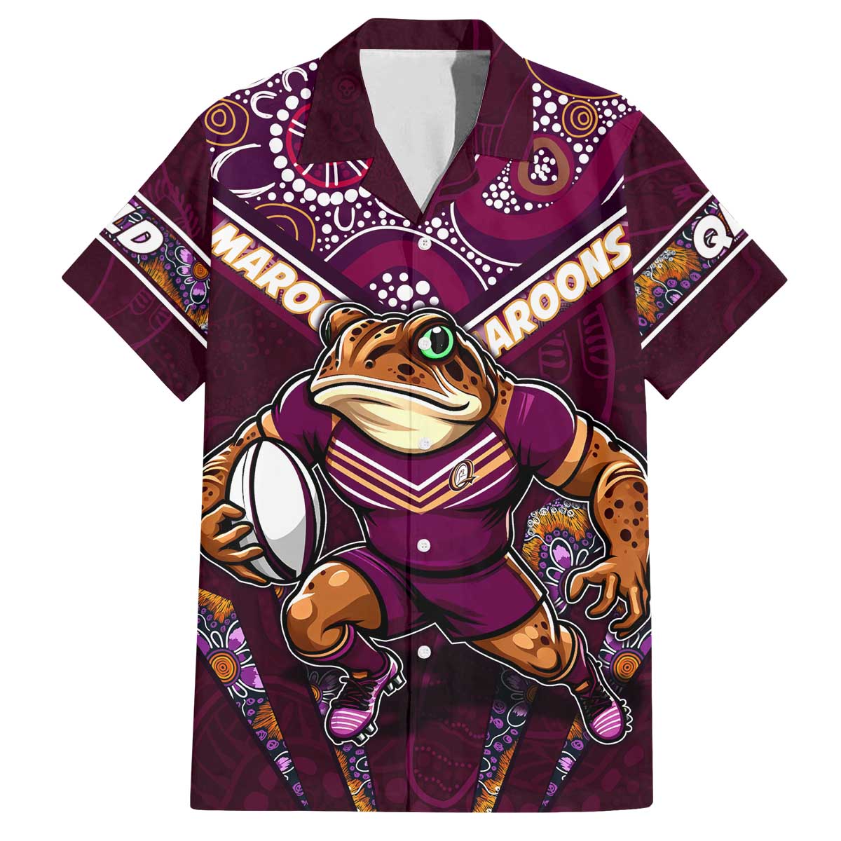 Personalised Queensland Maroons Family Matching Off Shoulder Short Dress and Hawaiian Shirt Mascot Rugby League