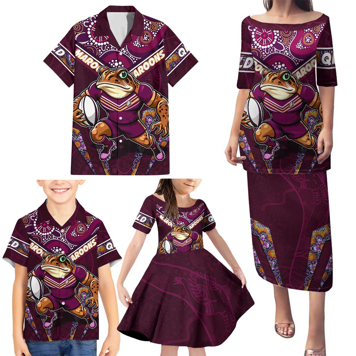 Personalised Queensland Maroons Family Matching Puletasi and Hawaiian Shirt Mascot Rugby League