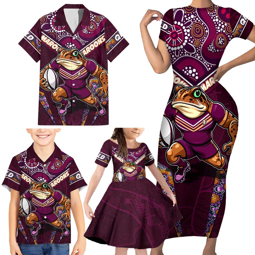 Personalised Queensland Maroons Family Matching Short Sleeve Bodycon Dress and Hawaiian Shirt Mascot Rugby League