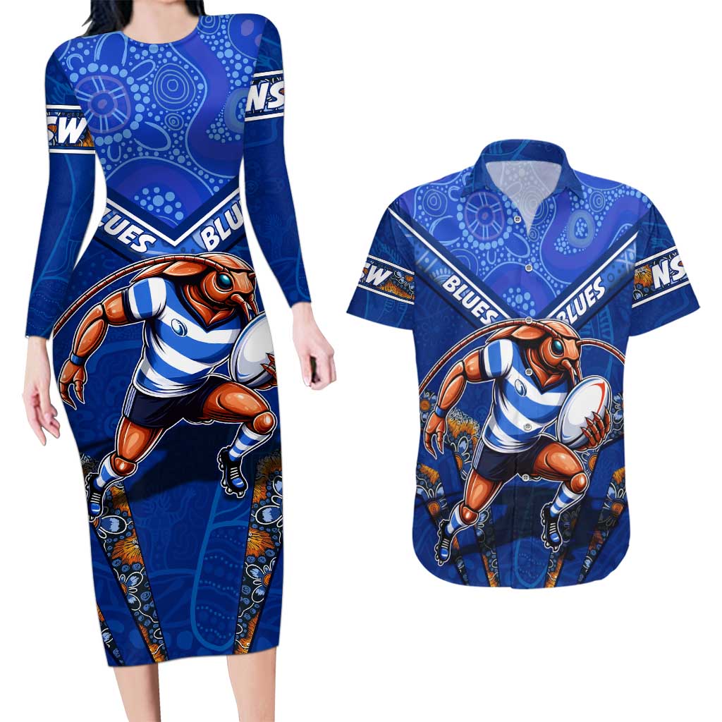 Personalised NSW Blues Couples Matching Long Sleeve Bodycon Dress and Hawaiian Shirt Mascot Rugby League
