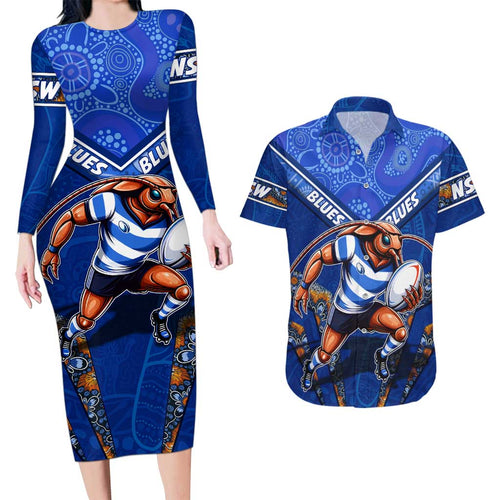 Personalised NSW Blues Couples Matching Long Sleeve Bodycon Dress and Hawaiian Shirt Mascot Rugby League