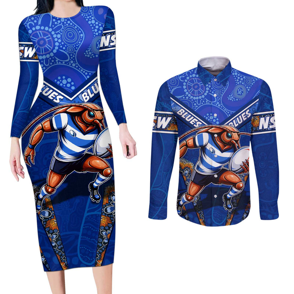 Personalised NSW Blues Couples Matching Long Sleeve Bodycon Dress and Long Sleeve Button Shirt Mascot Rugby League