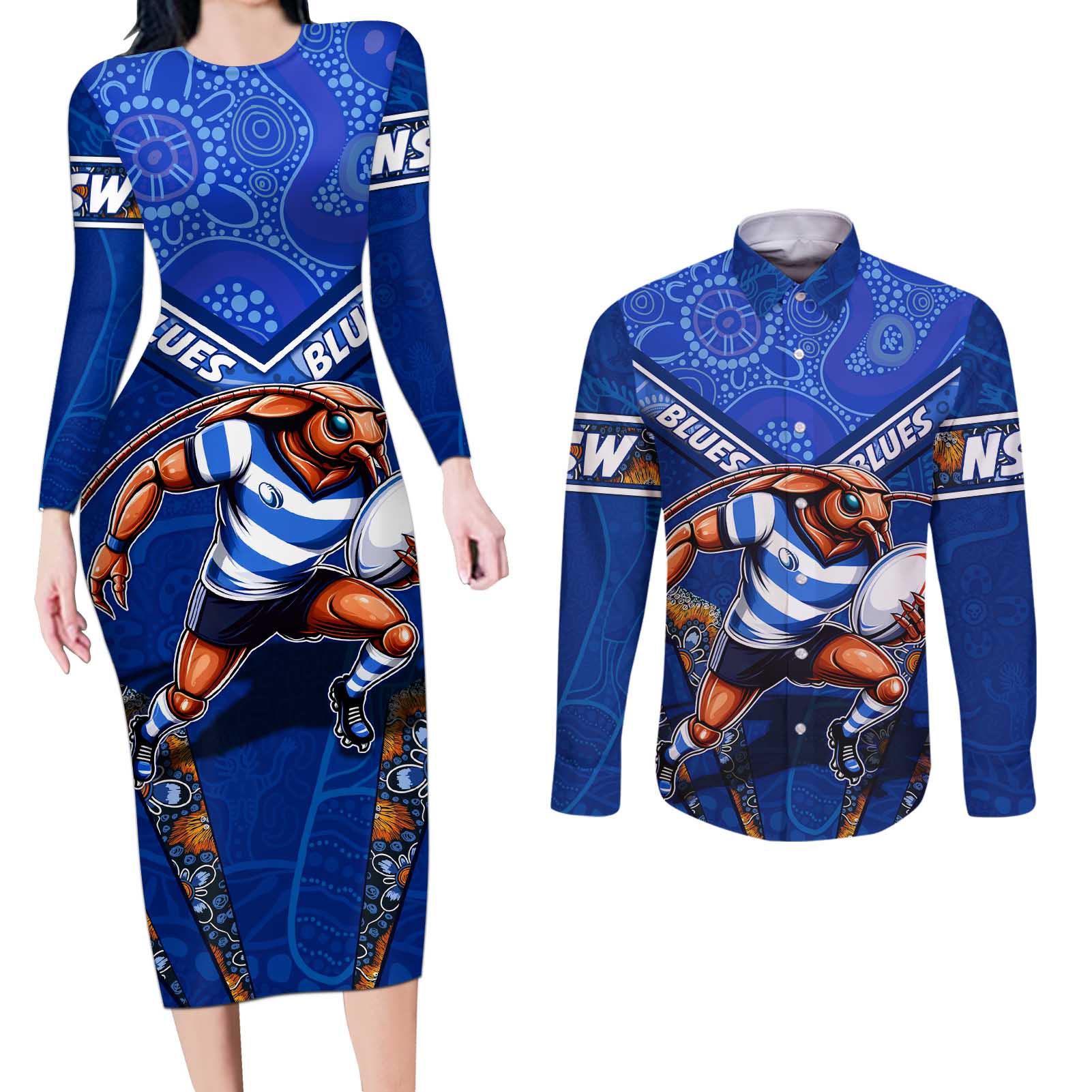 Personalised NSW Blues Couples Matching Long Sleeve Bodycon Dress and Long Sleeve Button Shirt Mascot Rugby League