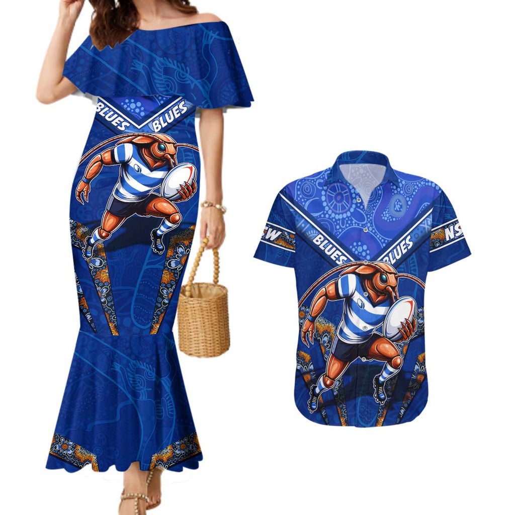 Personalised NSW Blues Couples Matching Mermaid Dress and Hawaiian Shirt Mascot Rugby League