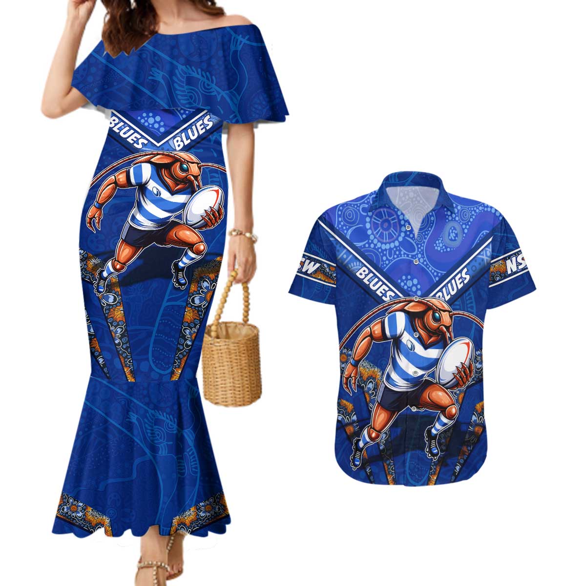 Personalised NSW Blues Couples Matching Mermaid Dress and Hawaiian Shirt Mascot Rugby League