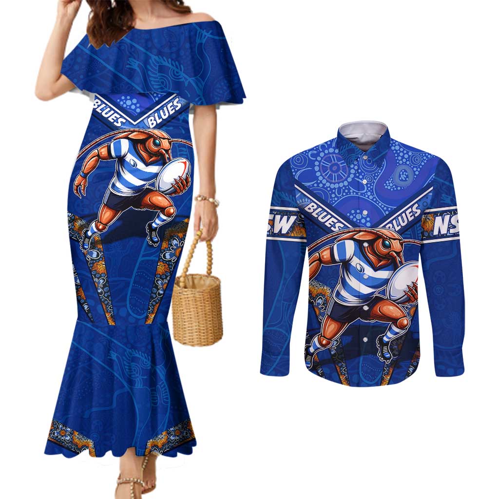 Personalised NSW Blues Couples Matching Mermaid Dress and Long Sleeve Button Shirt Mascot Rugby League