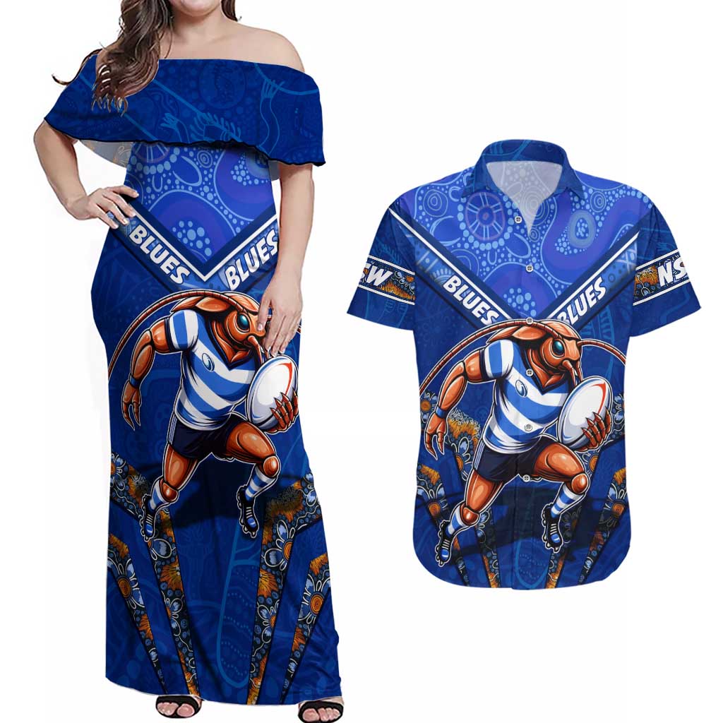 Personalised NSW Blues Couples Matching Off Shoulder Maxi Dress and Hawaiian Shirt Mascot Rugby League