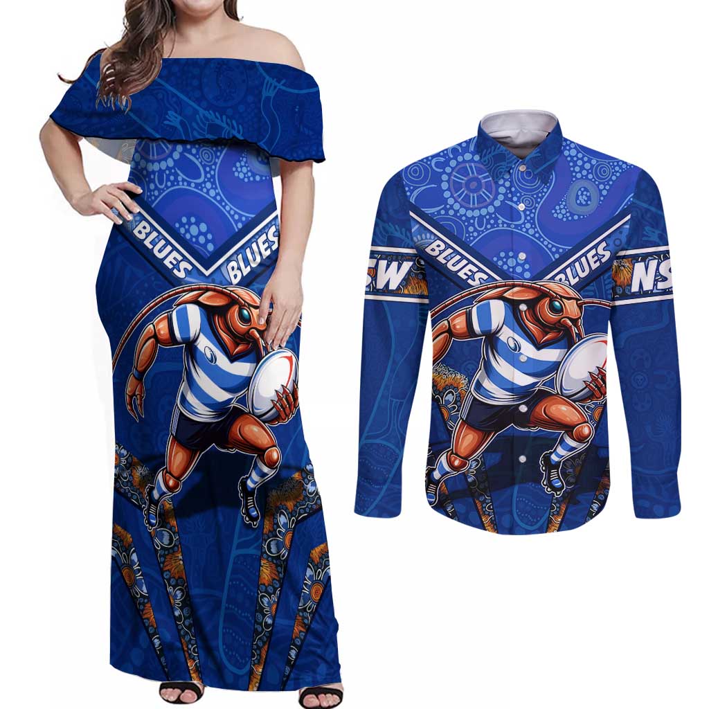 Personalised NSW Blues Couples Matching Off Shoulder Maxi Dress and Long Sleeve Button Shirt Mascot Rugby League