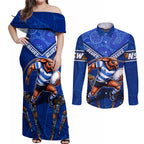 Personalised NSW Blues Couples Matching Off Shoulder Maxi Dress and Long Sleeve Button Shirt Mascot Rugby League