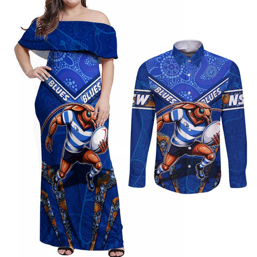 Personalised NSW Blues Couples Matching Off Shoulder Maxi Dress and Long Sleeve Button Shirt Mascot Rugby League