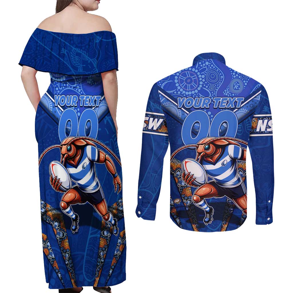 Personalised NSW Blues Couples Matching Off Shoulder Maxi Dress and Long Sleeve Button Shirt Mascot Rugby League