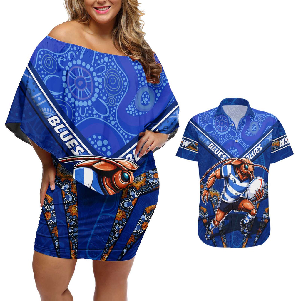 Personalised NSW Blues Couples Matching Off Shoulder Short Dress and Hawaiian Shirt Mascot Rugby League