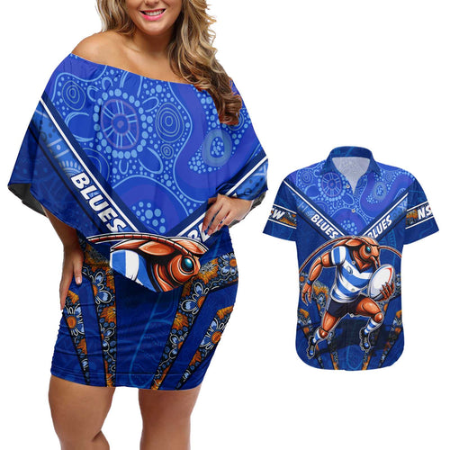 Personalised NSW Blues Couples Matching Off Shoulder Short Dress and Hawaiian Shirt Mascot Rugby League