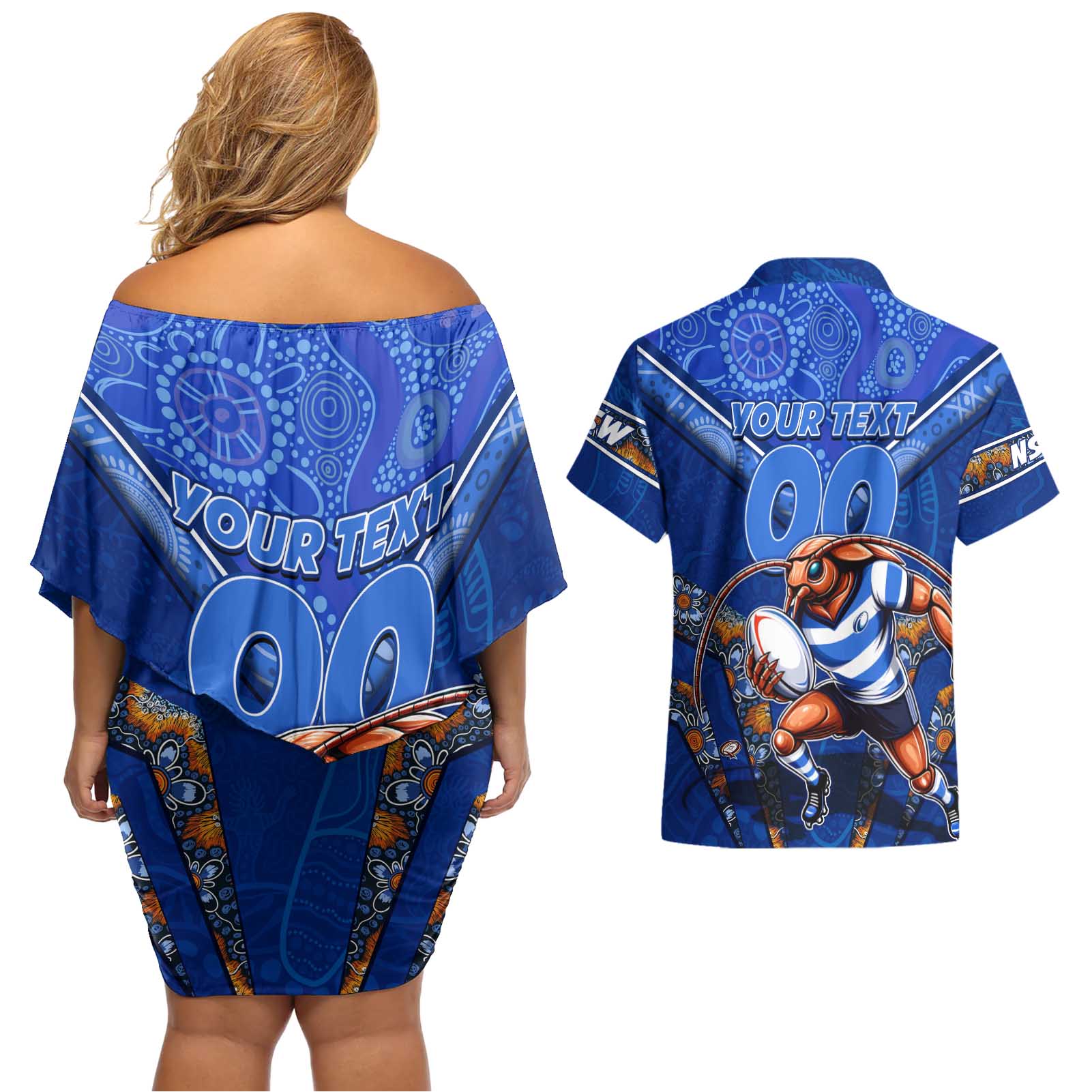 Personalised NSW Blues Couples Matching Off Shoulder Short Dress and Hawaiian Shirt Mascot Rugby League