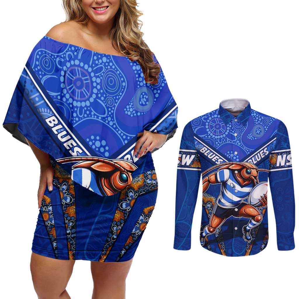 Personalised NSW Blues Couples Matching Off Shoulder Short Dress and Long Sleeve Button Shirt Mascot Rugby League