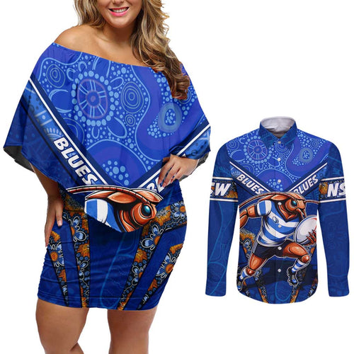 Personalised NSW Blues Couples Matching Off Shoulder Short Dress and Long Sleeve Button Shirt Mascot Rugby League