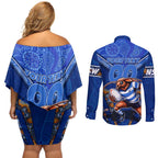 Personalised NSW Blues Couples Matching Off Shoulder Short Dress and Long Sleeve Button Shirt Mascot Rugby League