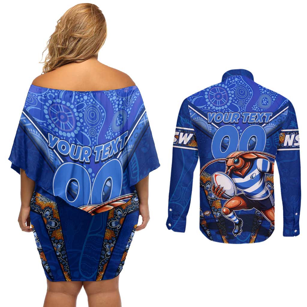 Personalised NSW Blues Couples Matching Off Shoulder Short Dress and Long Sleeve Button Shirt Mascot Rugby League