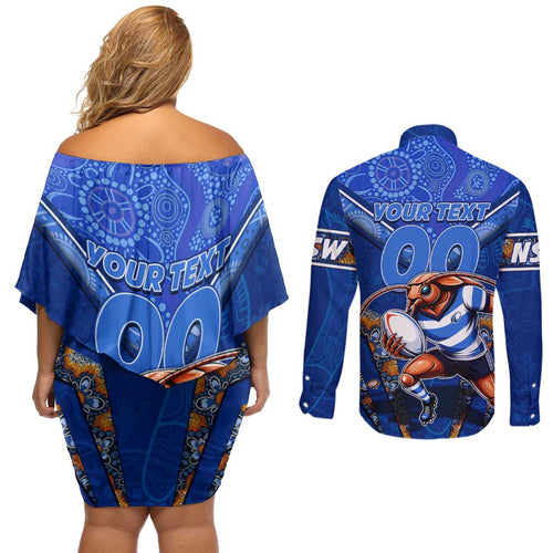 Personalised NSW Blues Couples Matching Off Shoulder Short Dress and Long Sleeve Button Shirt Mascot Rugby League