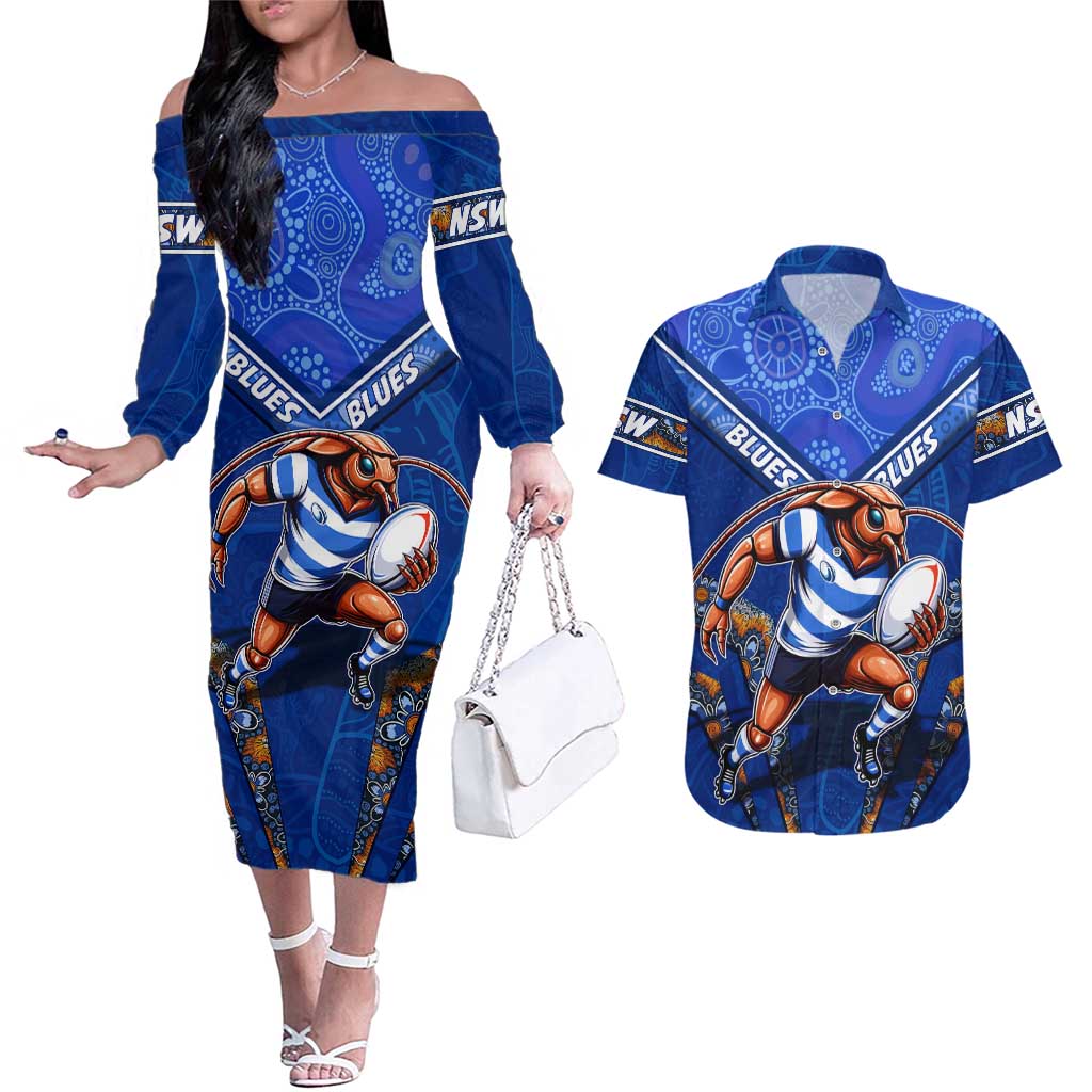 Personalised NSW Blues Couples Matching Off The Shoulder Long Sleeve Dress and Hawaiian Shirt Mascot Rugby League