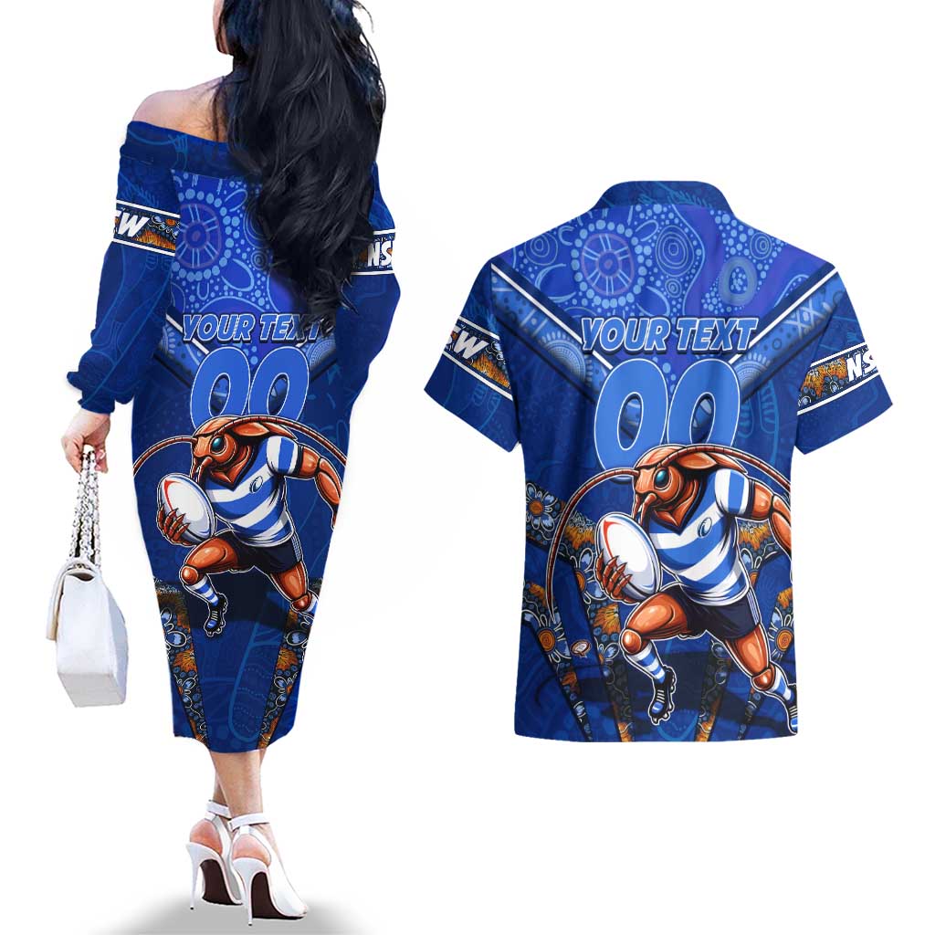Personalised NSW Blues Couples Matching Off The Shoulder Long Sleeve Dress and Hawaiian Shirt Mascot Rugby League