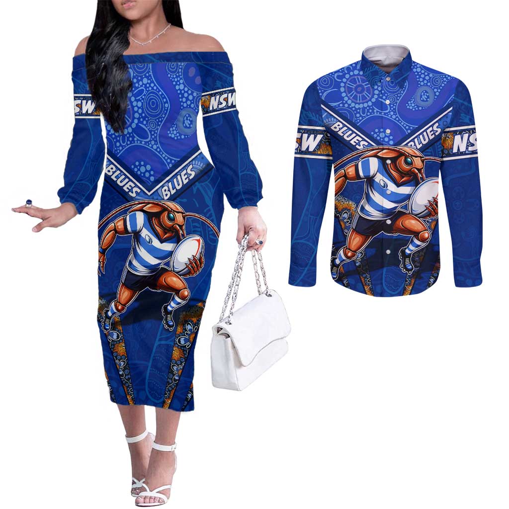 Personalised NSW Blues Couples Matching Off The Shoulder Long Sleeve Dress and Long Sleeve Button Shirt Mascot Rugby League