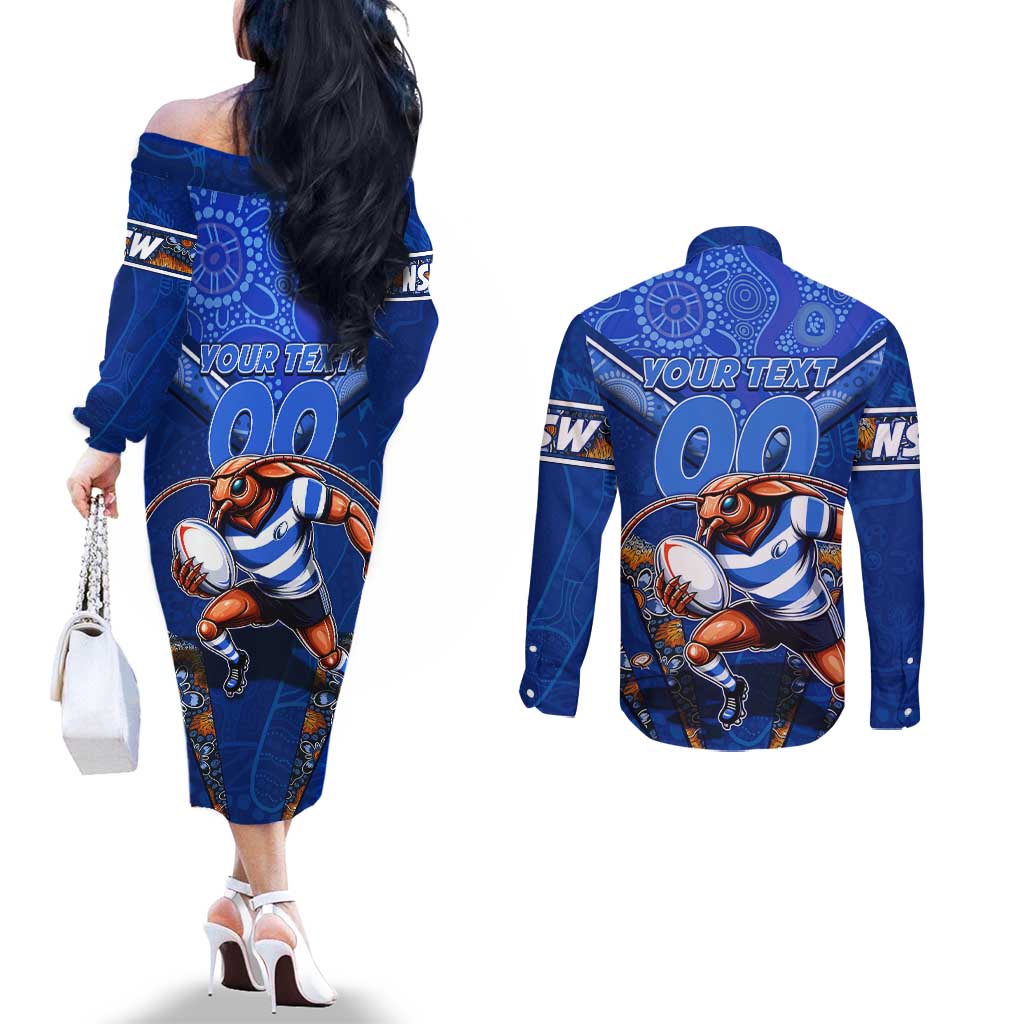 Personalised NSW Blues Couples Matching Off The Shoulder Long Sleeve Dress and Long Sleeve Button Shirt Mascot Rugby League