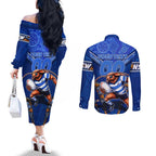 Personalised NSW Blues Couples Matching Off The Shoulder Long Sleeve Dress and Long Sleeve Button Shirt Mascot Rugby League