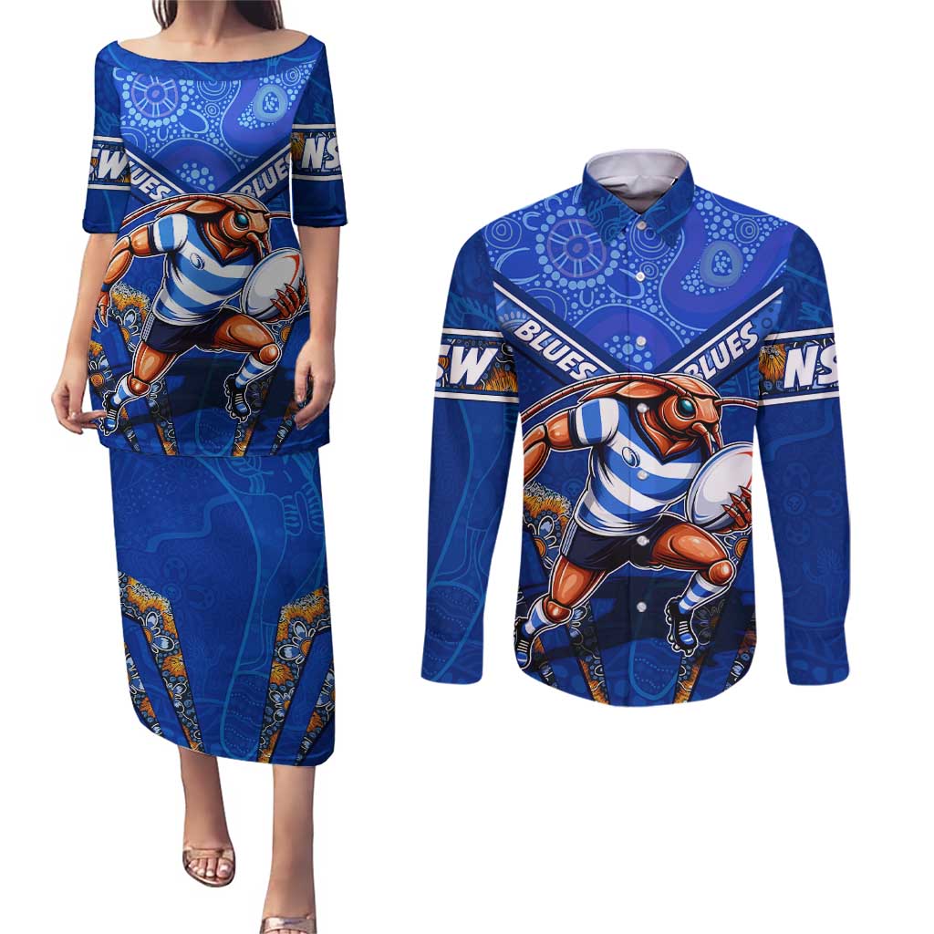 Personalised NSW Blues Couples Matching Puletasi and Long Sleeve Button Shirt Mascot Rugby League