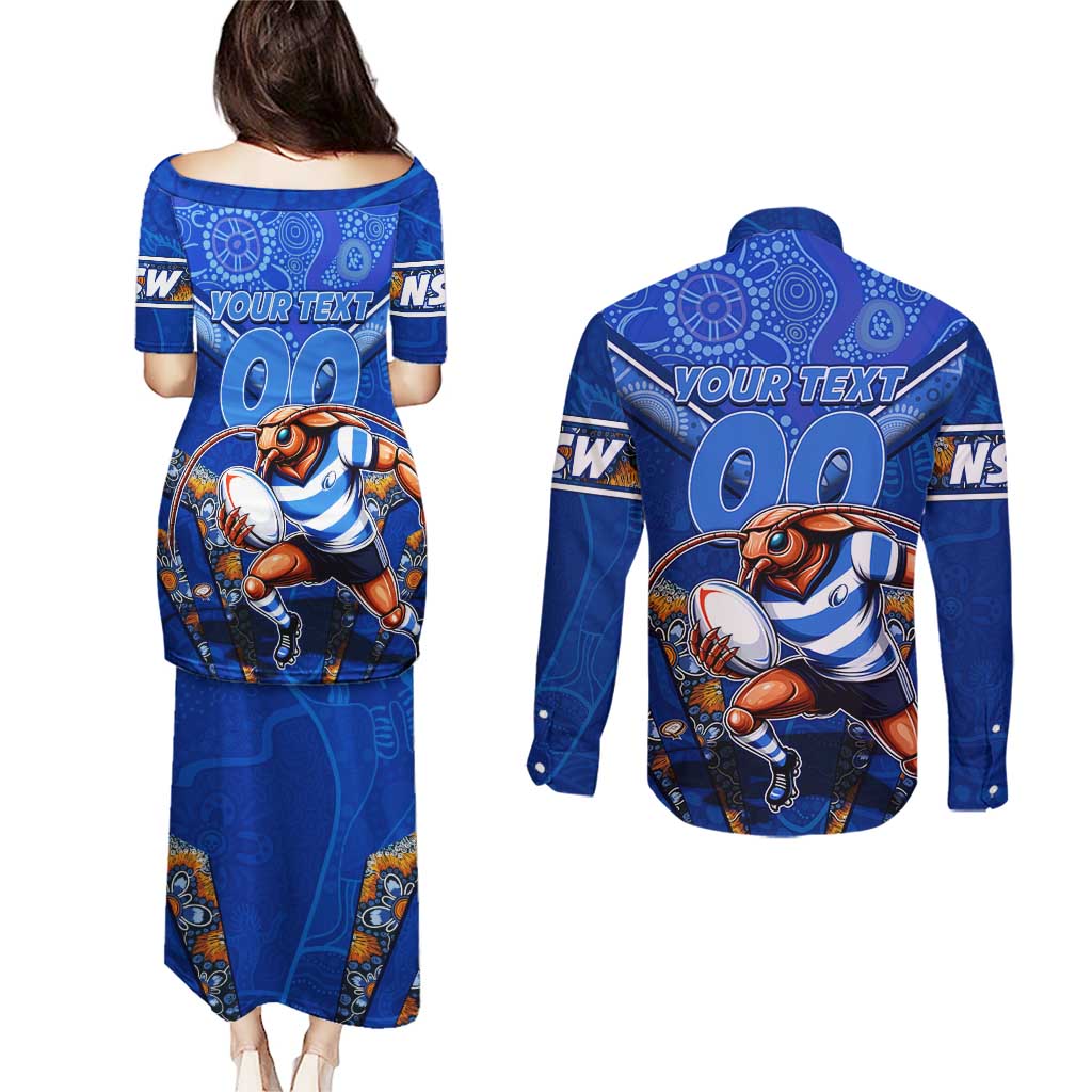 Personalised NSW Blues Couples Matching Puletasi and Long Sleeve Button Shirt Mascot Rugby League